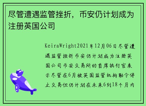 尽管遭遇监管挫折，币安仍计划成为注册英国公司 